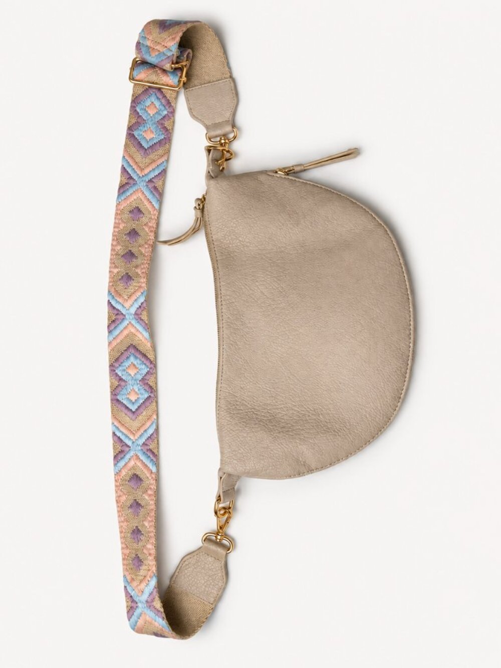 LIKE DREAMS Beige Faux Leather Crescent Crossbody Bag Embroidered Strap